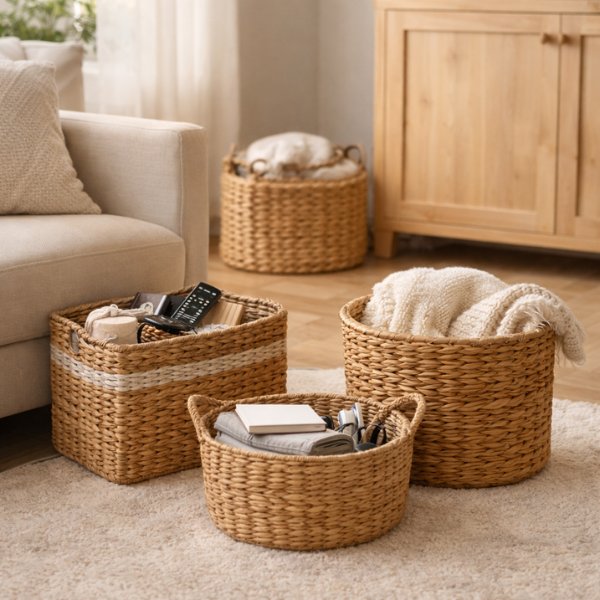 Decorative storage baskets used to hide clutter and keep the living room clean with minimal effort.