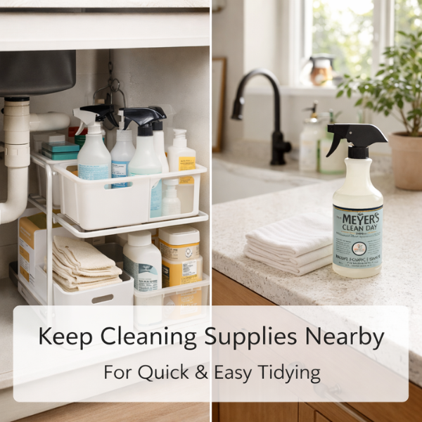 Cleaning supplies stored under the sink and on kitchen counters for quick and easy lazy girl cleaning.