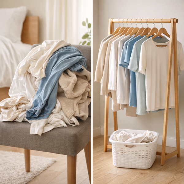 Bedroom showing organized clothes and laundry basket to prevent chair and floor clutter.
