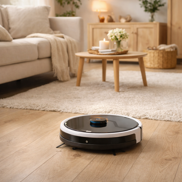 Robot vacuum cleaner cleaning the living room floor automatically to save time and effort.