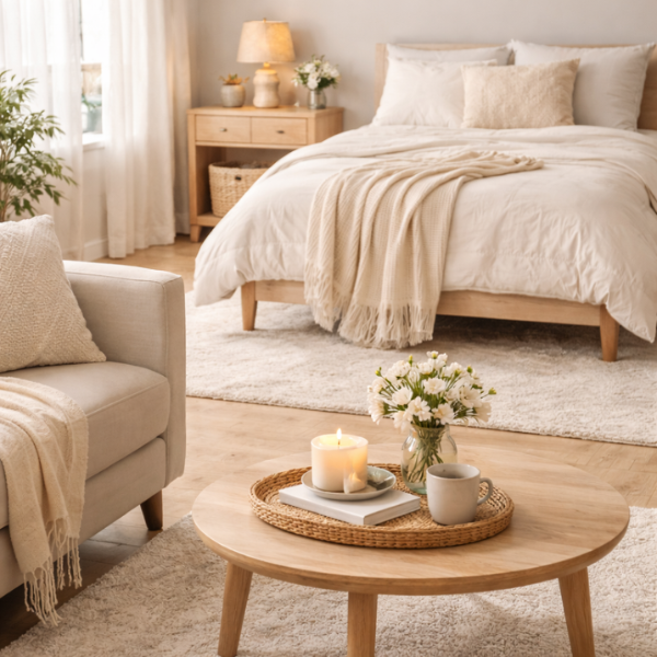 Relaxing clean home interior with a calm, clutter-free environment and cozy decor.