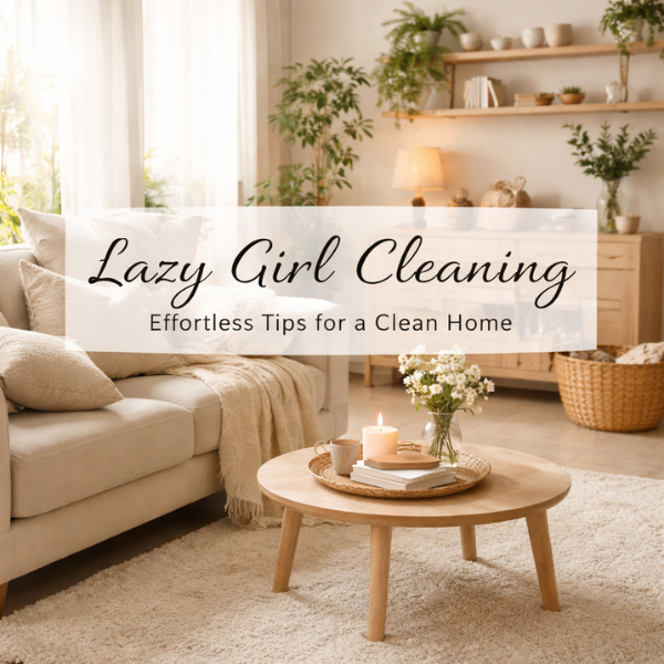 Lazy girl cleaning aesthetic showing a cozy, minimal, and naturally tidy home interior with soft lighting.