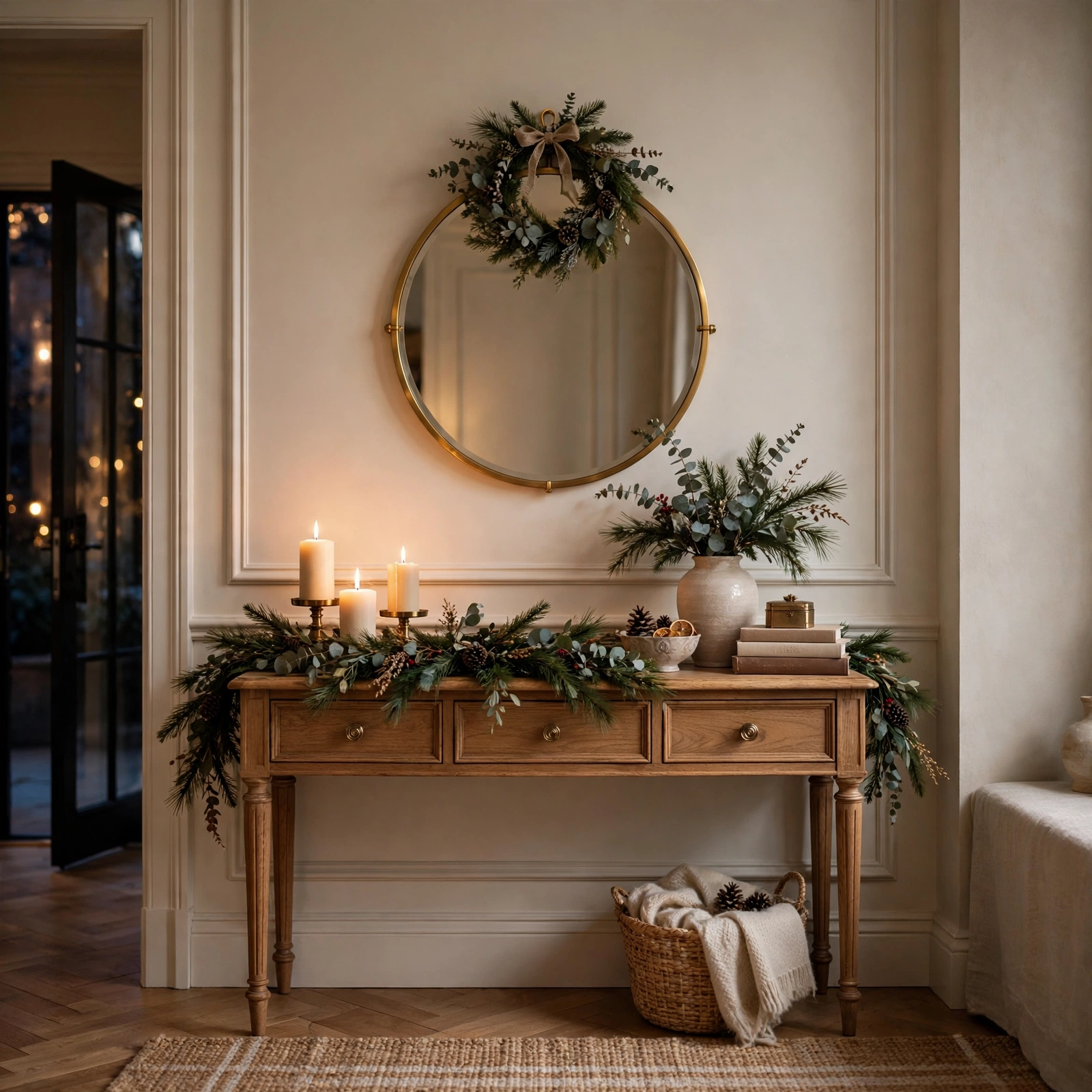 christmas entryway decor: console table with pine garland and mirror with wreath