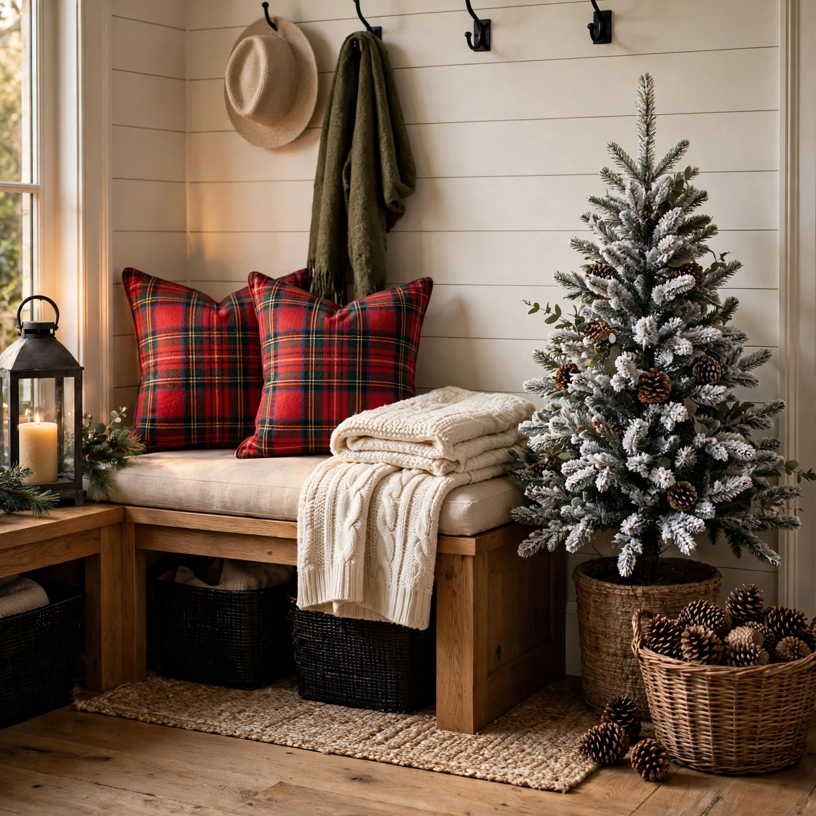 christmas entryway decor: entryway bench with plaid pillows and flocked tree