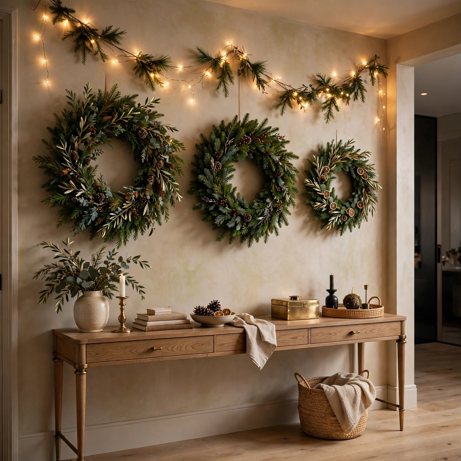 christmas entryway decor: gallery wall of evergreen Christmas wreaths