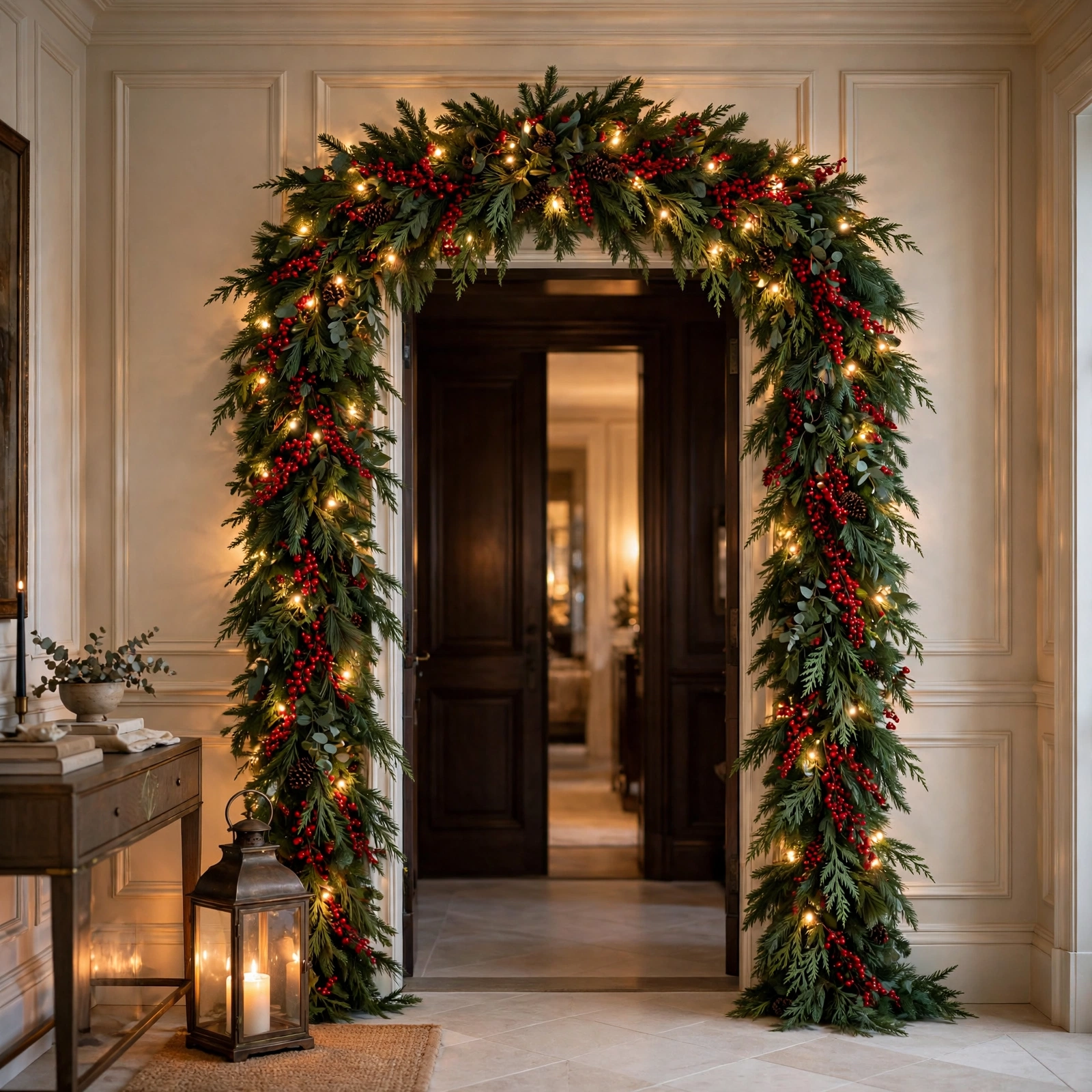 christmas entryway decor: grand garland arch over foyer doorway