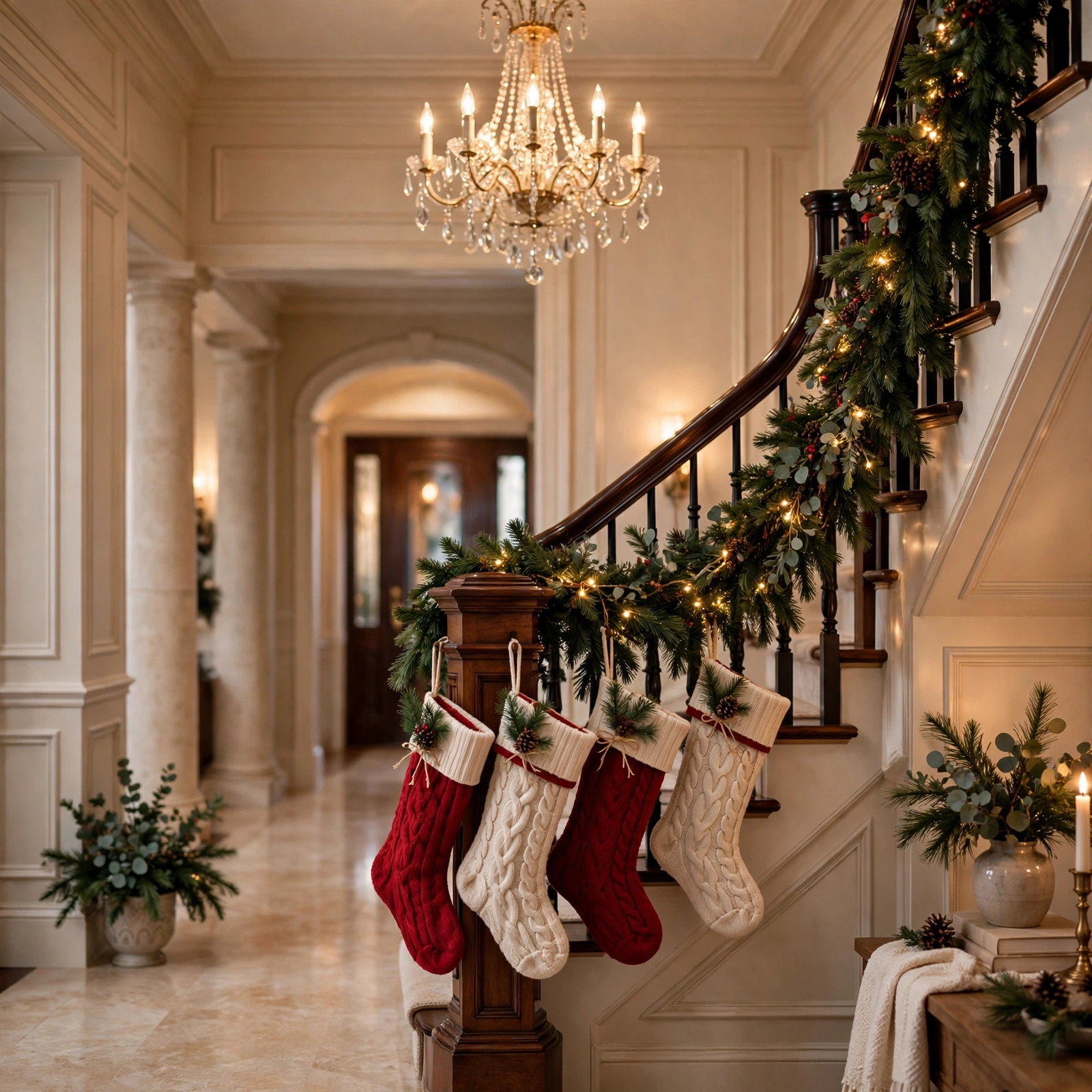 christmas entryway decor: foyer staircase with stockings and garland