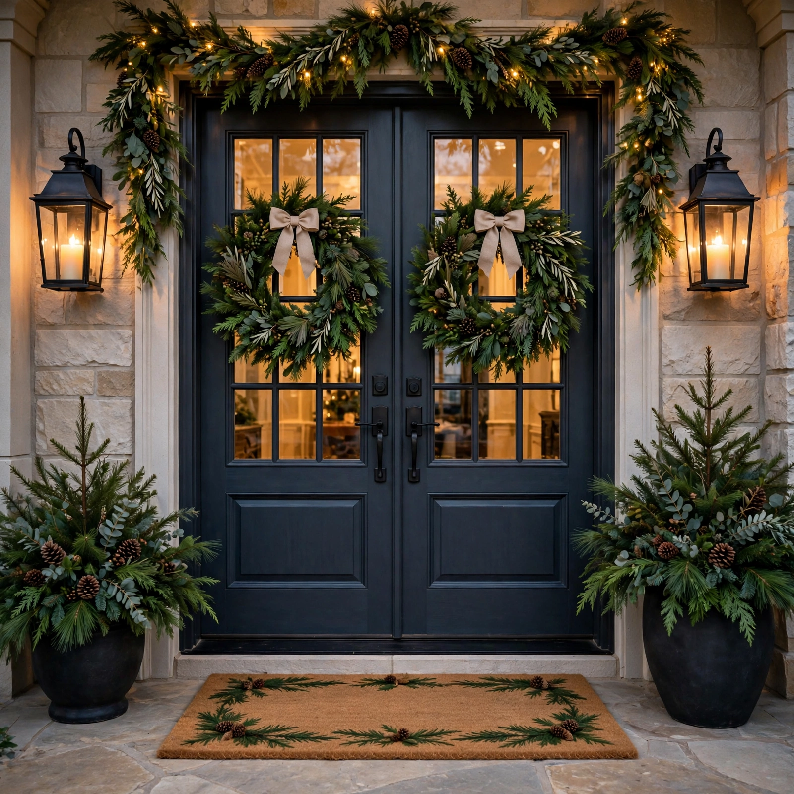 christmas entryway decor: double front doors with matching wreaths and lanterns