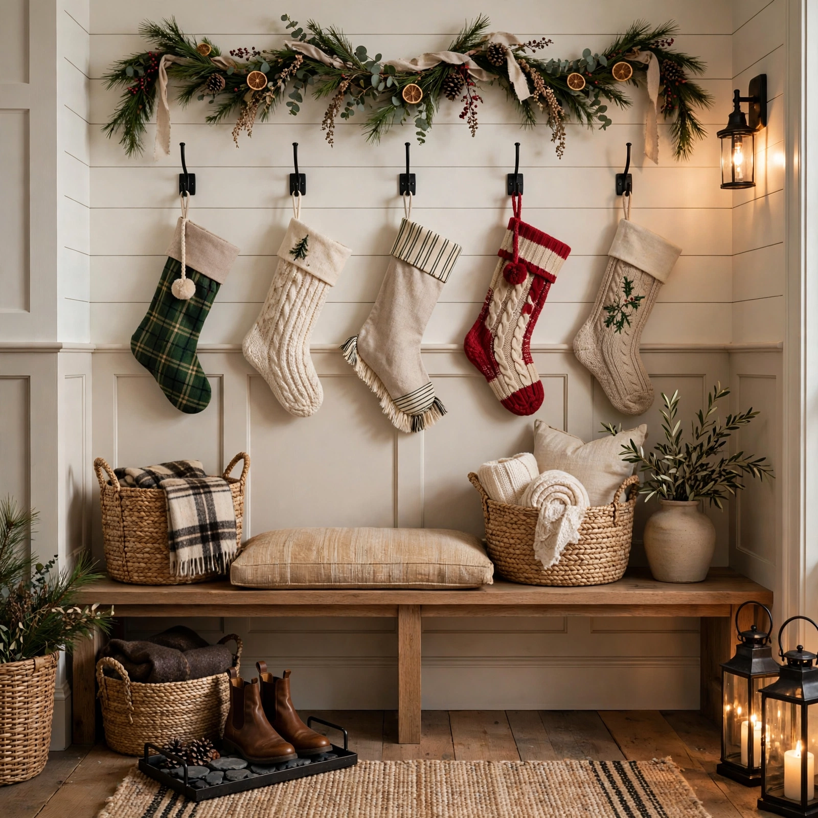 christmas entryway decor: farmhouse mudroom with stockings on hooks