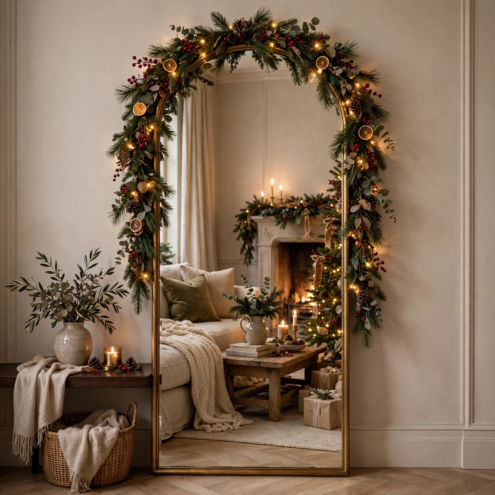 christmas entryway decor: tall mirror framed with mini pine garland