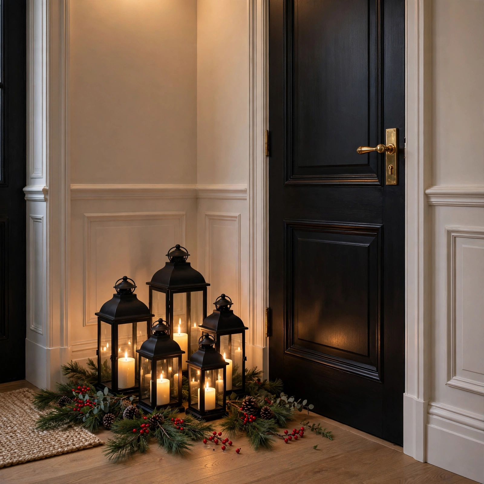 christmas entryway decor: cluster of lanterns with candles beside entry door
