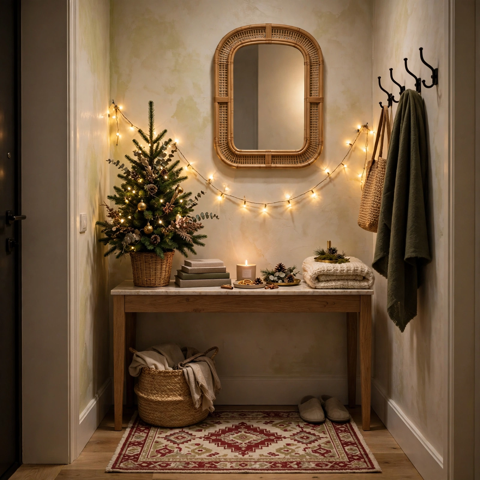 christmas entryway decor: small apartment entryway nook with mini tree