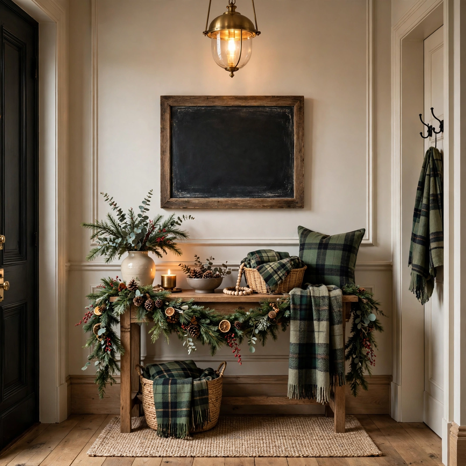 christmas entryway decor: entryway with chalkboard countdown sign and garland