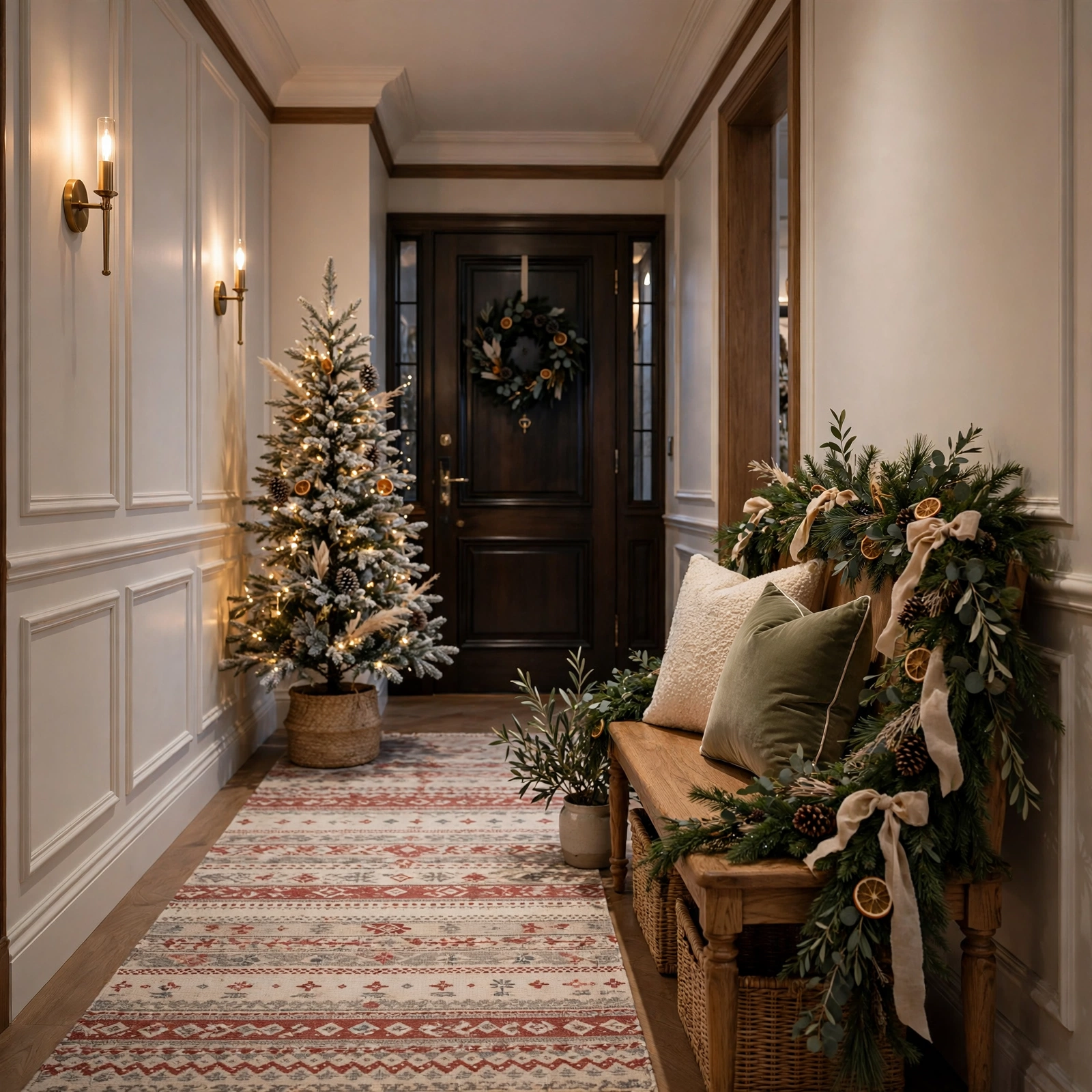 christmas entryway decor: entryway hallway with Christmas runner rug and slim tree