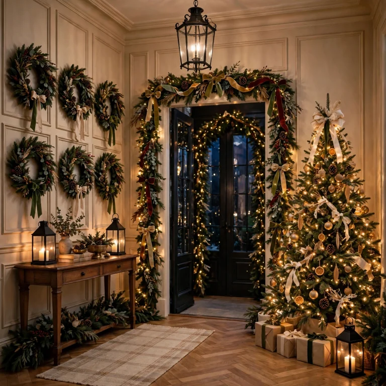 christmas entryway decor: festive foyer with garland arch, tree and wreath gallery