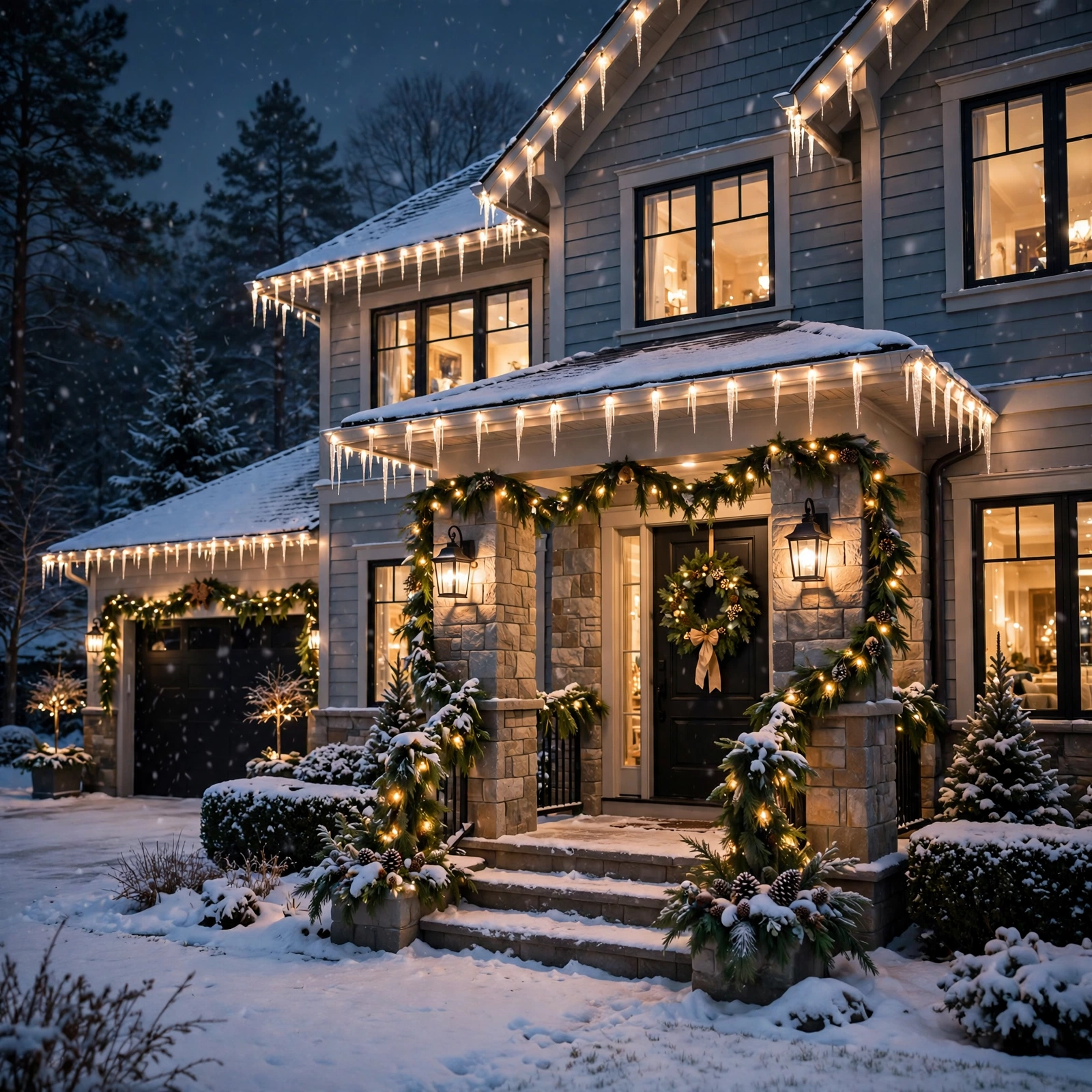 15 Christmas Outdoor Lights Ideas That Dazzle the Neighborhood 2 christmas outdoor lights ideas: icicle Christmas lights along roofline at night