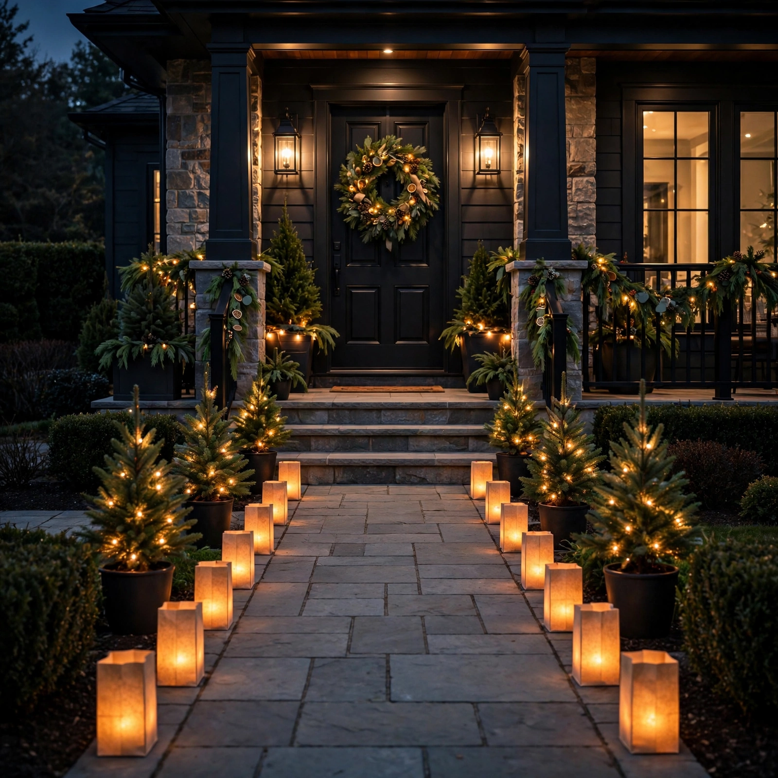 15 Christmas Outdoor Lights Ideas That Dazzle the Neighborhood 3 christmas outdoor lights ideas: front walkway lined with glowing luminaries
