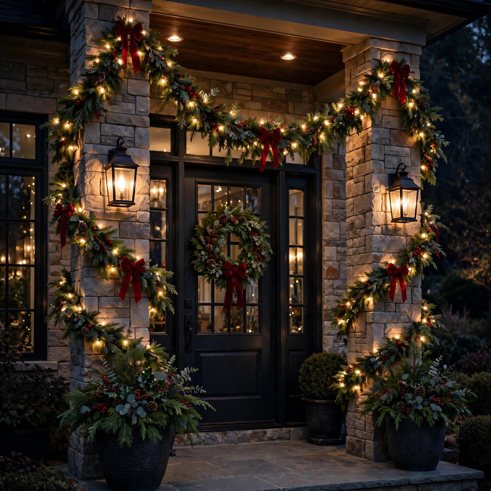 15 Christmas Outdoor Lights Ideas That Dazzle the Neighborhood 6 christmas outdoor lights ideas: porch columns wrapped in Christmas lights with red bows