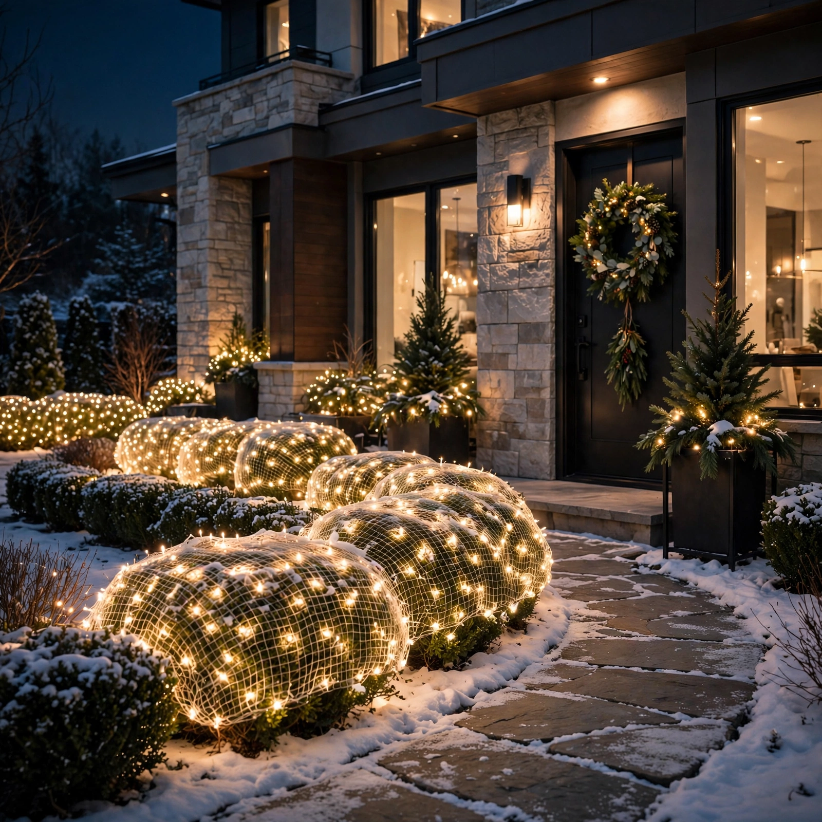 15 Christmas Outdoor Lights Ideas That Dazzle the Neighborhood 7 christmas outdoor lights ideas: bushes covered in net Christmas lights