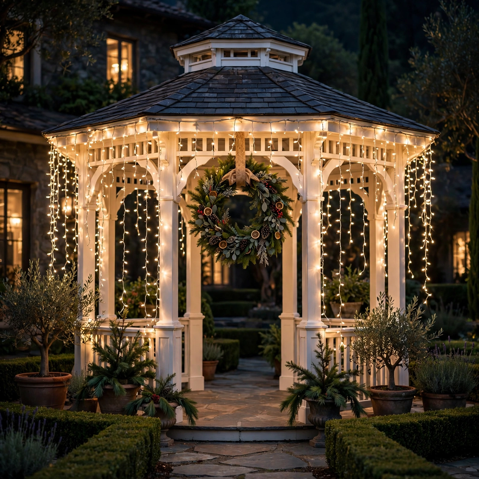15 Christmas Outdoor Lights Ideas That Dazzle the Neighborhood 12 christmas outdoor lights ideas: garden gazebo draped in cascading Christmas lights