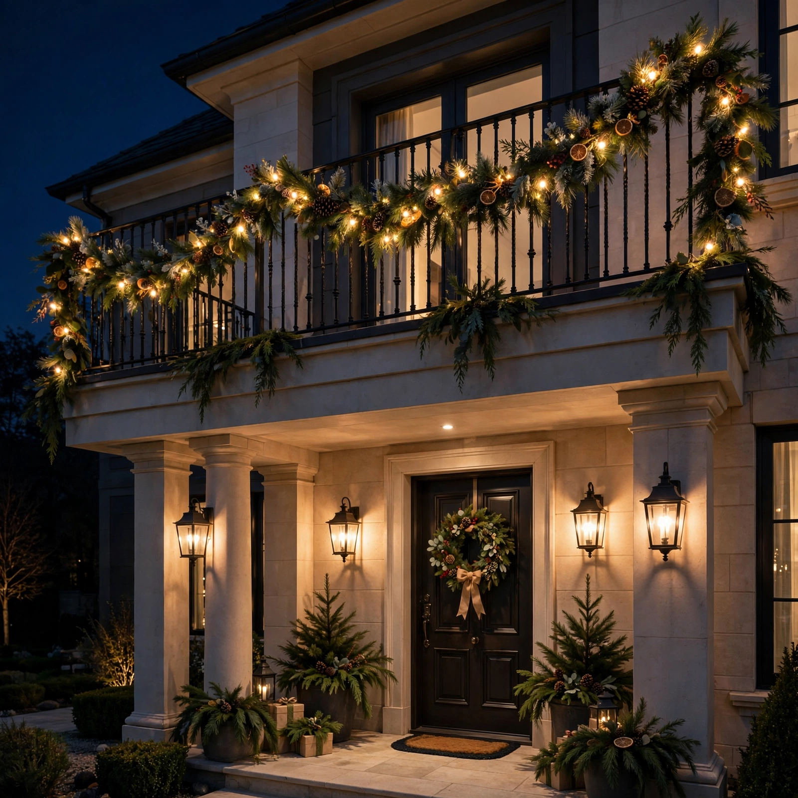 15 Christmas Outdoor Lights Ideas That Dazzle the Neighborhood 13 christmas outdoor lights ideas: balcony railing wrapped in garland with Christmas lights