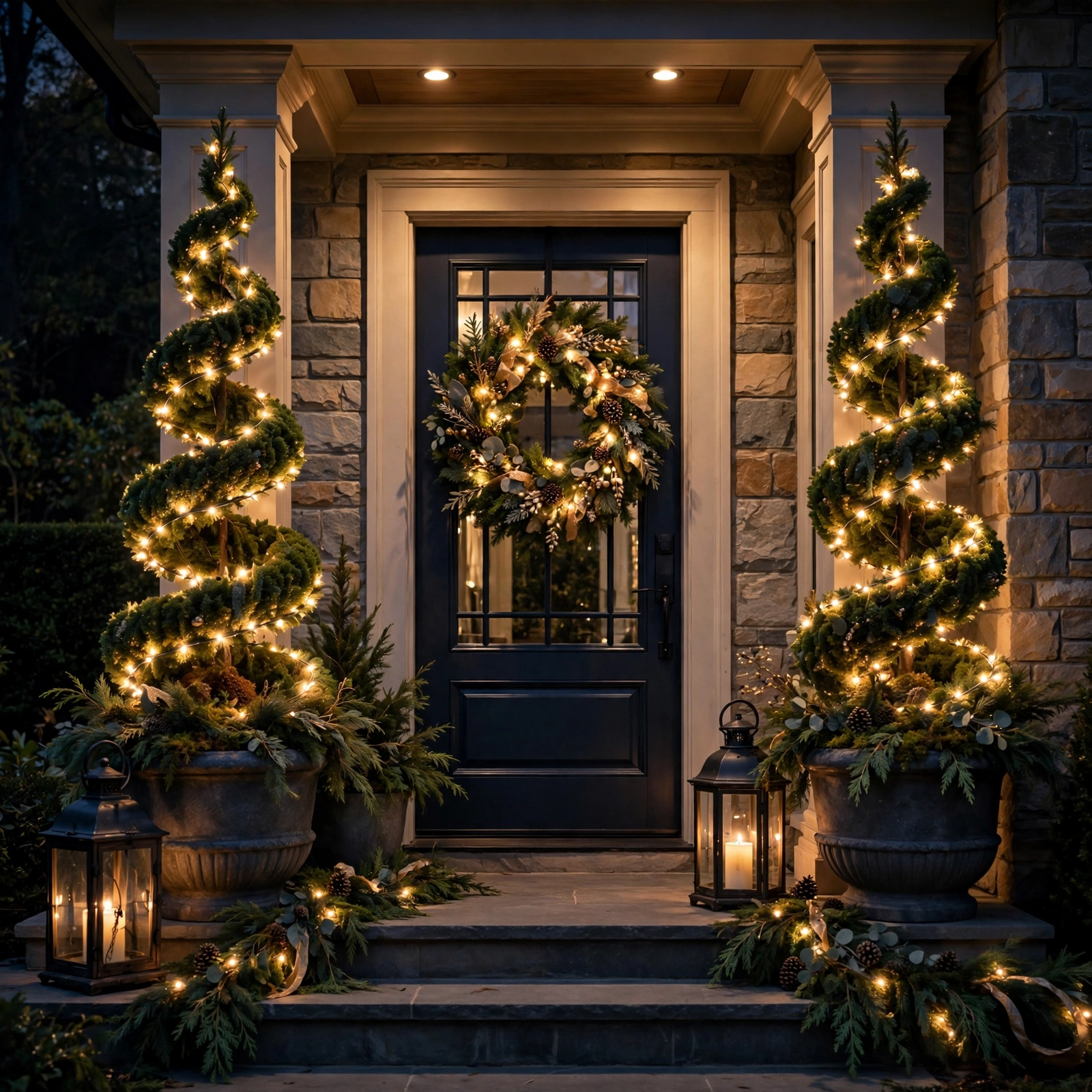 15 Christmas Outdoor Lights Ideas That Dazzle the Neighborhood 15 christmas outdoor lights ideas: lighted spiral Christmas trees in porch planters