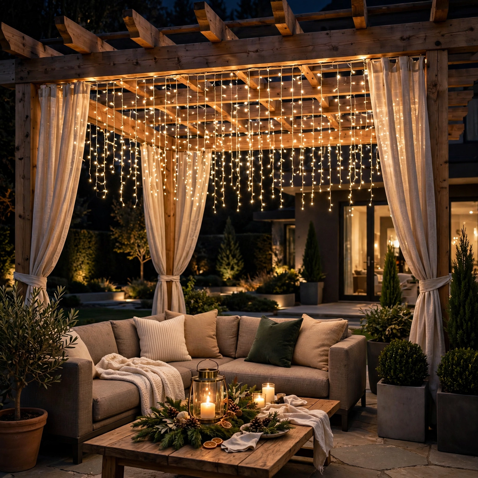 15 Christmas Outdoor Lights Ideas That Dazzle the Neighborhood 16 christmas outdoor lights ideas: backyard pergola with curtain Christmas lights