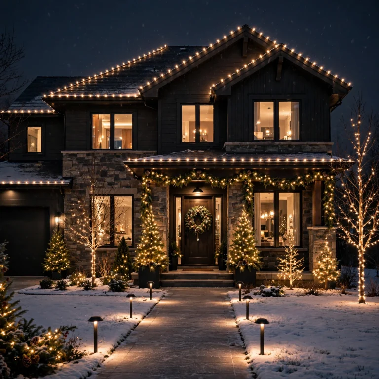 christmas outdoor lights ideas: full house Christmas light display with snowy lawn