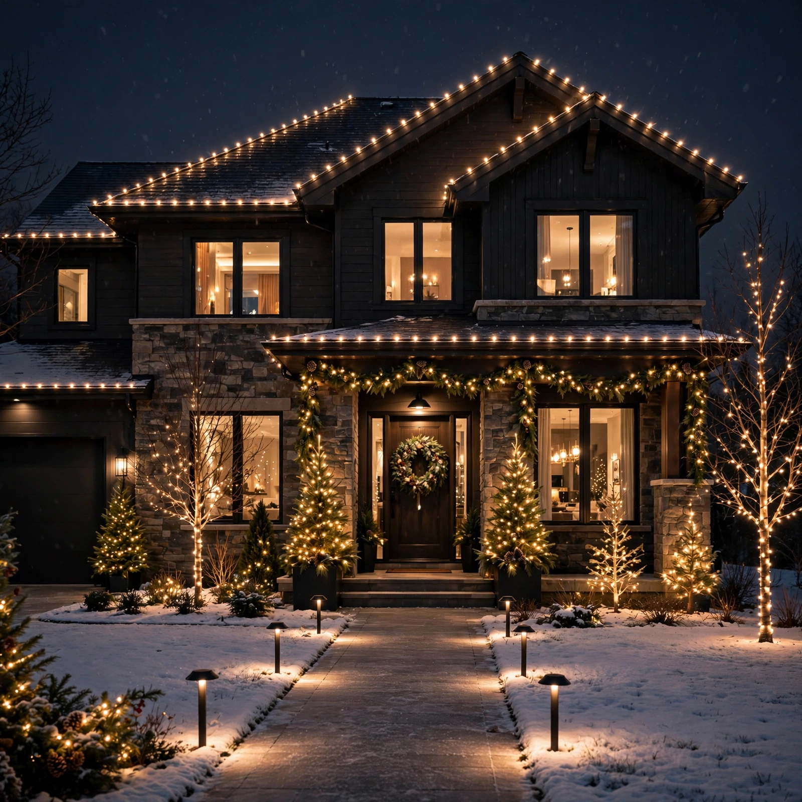 15 Christmas Outdoor Lights Ideas That Dazzle the Neighborhood 1 christmas outdoor lights ideas: full house Christmas light display with snowy lawn