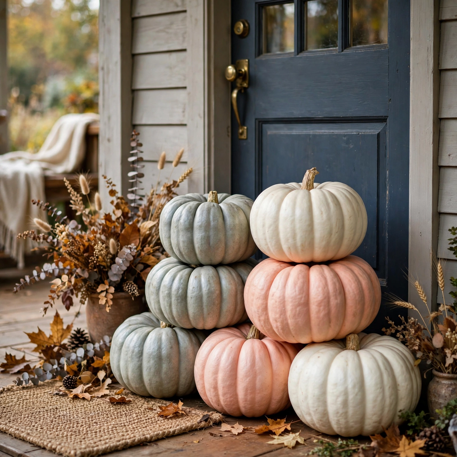 15 Cozy Halloween Decor Ideas That Feel Warm, Not Scary 2 Heirloom pumpkin stacks, a cozy Halloween decor staple by the front door