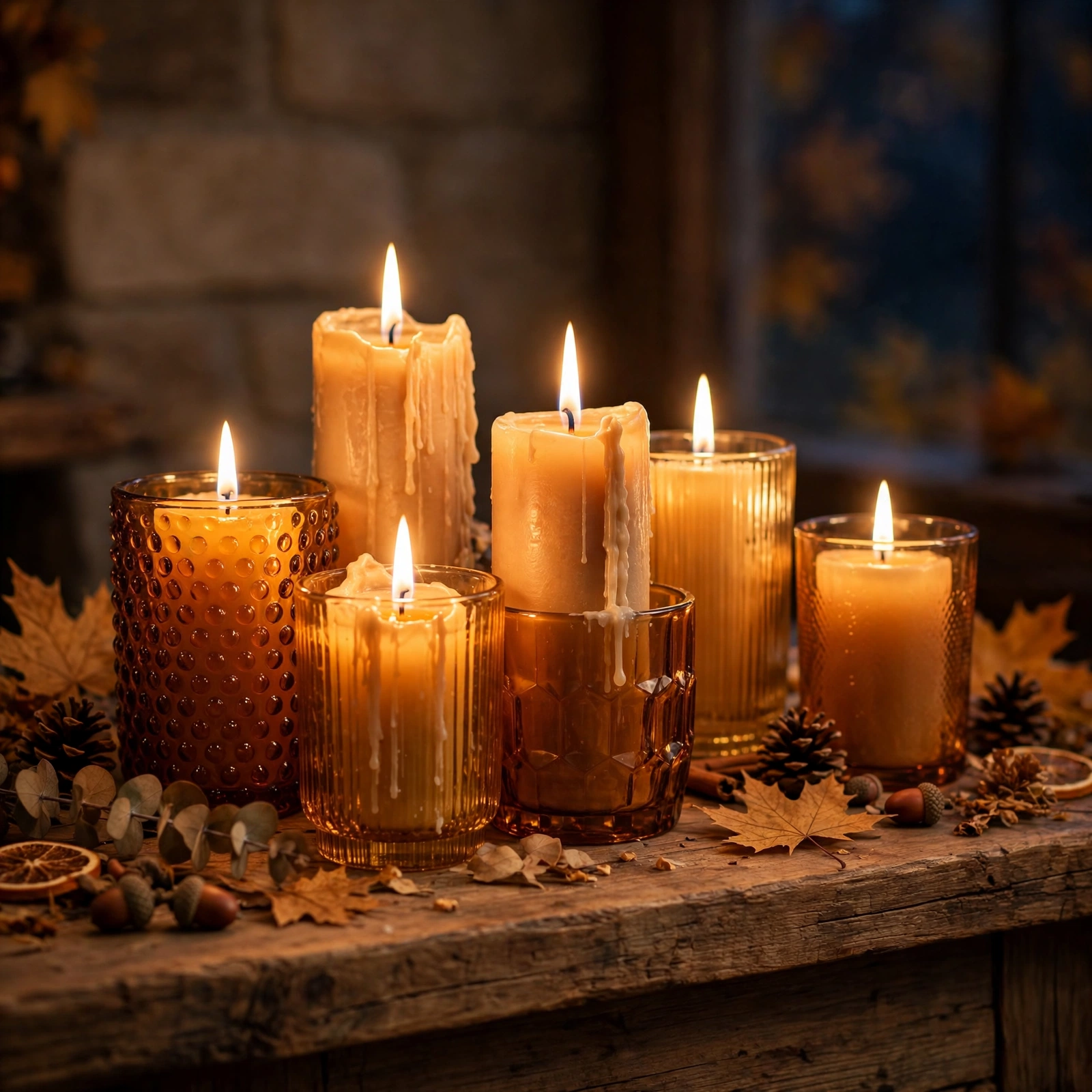 15 Cozy Halloween Decor Ideas That Feel Warm, Not Scary 4 Amber glass candle clusters, warm Halloween decorations for a mantel
