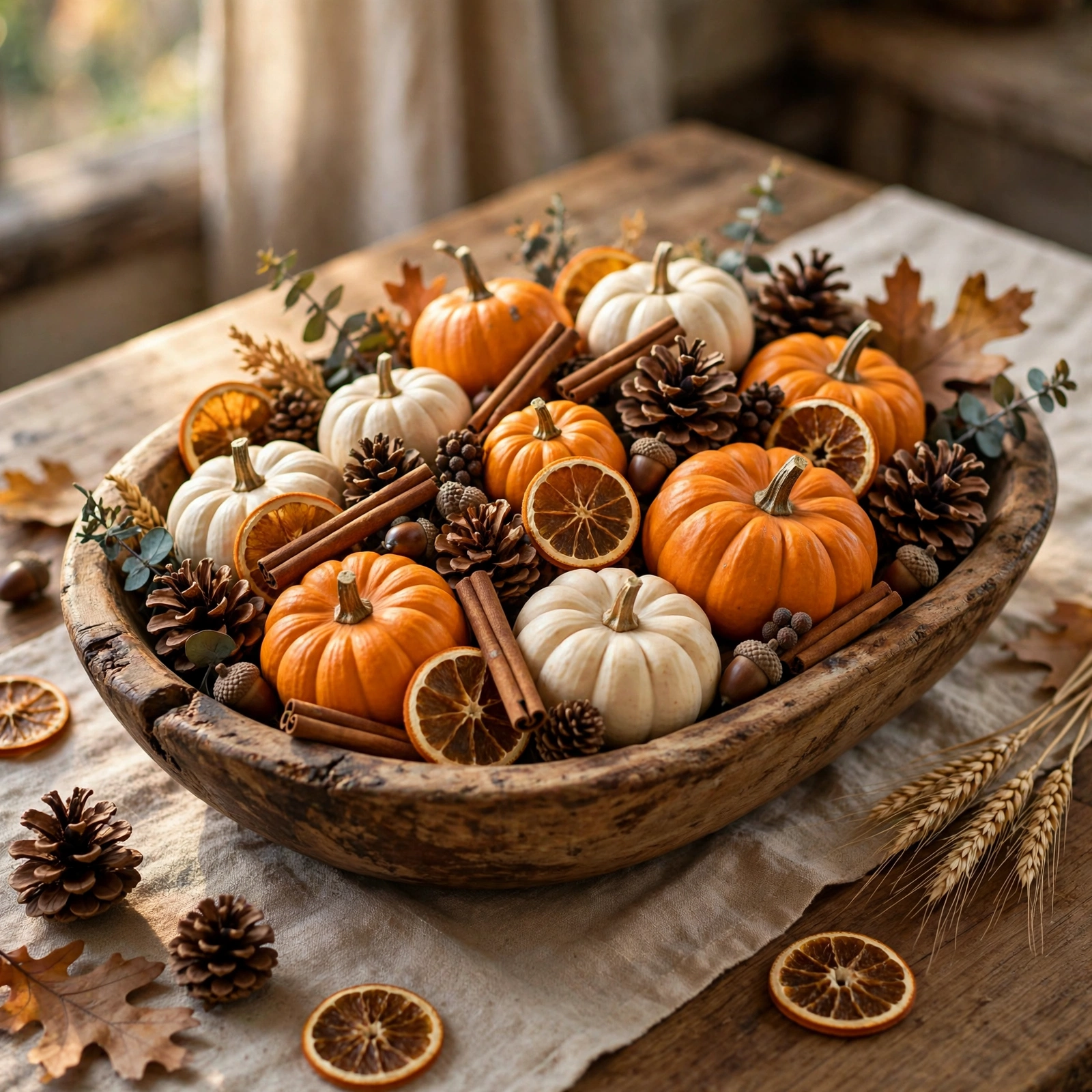 15 Cozy Halloween Decor Ideas That Feel Warm, Not Scary 6 Harvest centerpiece bowl, a cozy fall decor idea for the dining table