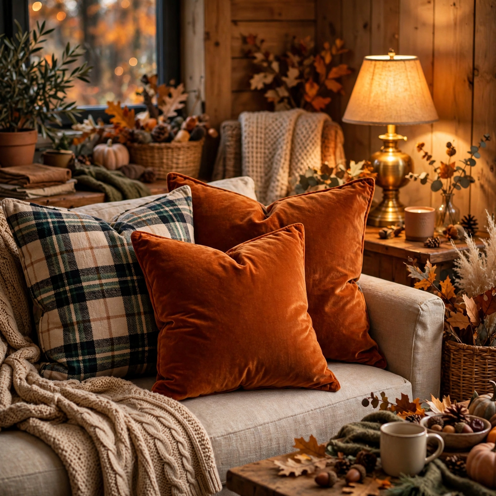 15 Cozy Halloween Decor Ideas That Feel Warm, Not Scary 7 Plaid and pumpkin throw pillows, easy cozy autumn home decor