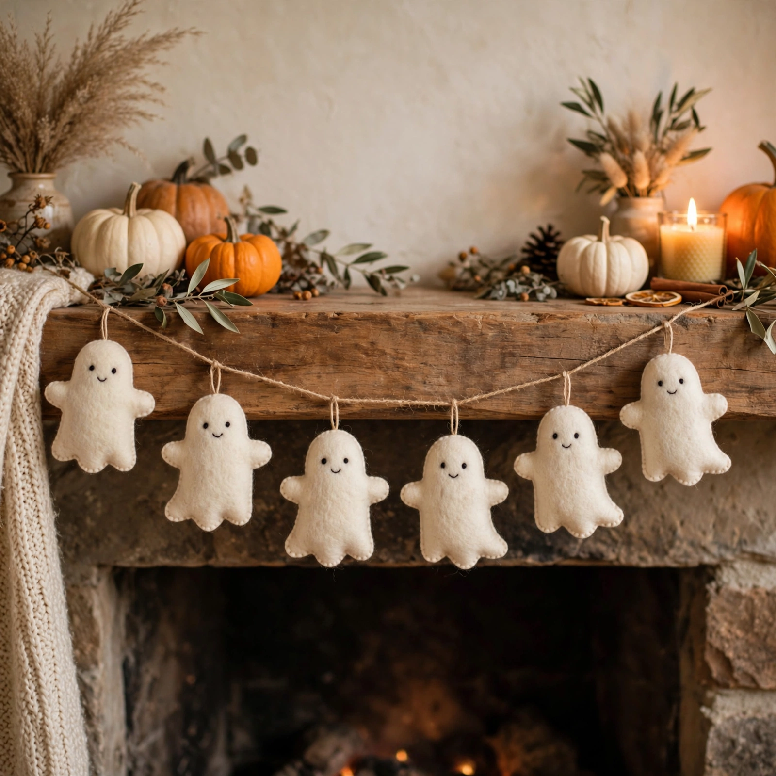 15 Cozy Halloween Decor Ideas That Feel Warm, Not Scary 10 Felt ghost garland, sweet non-scary Halloween decor