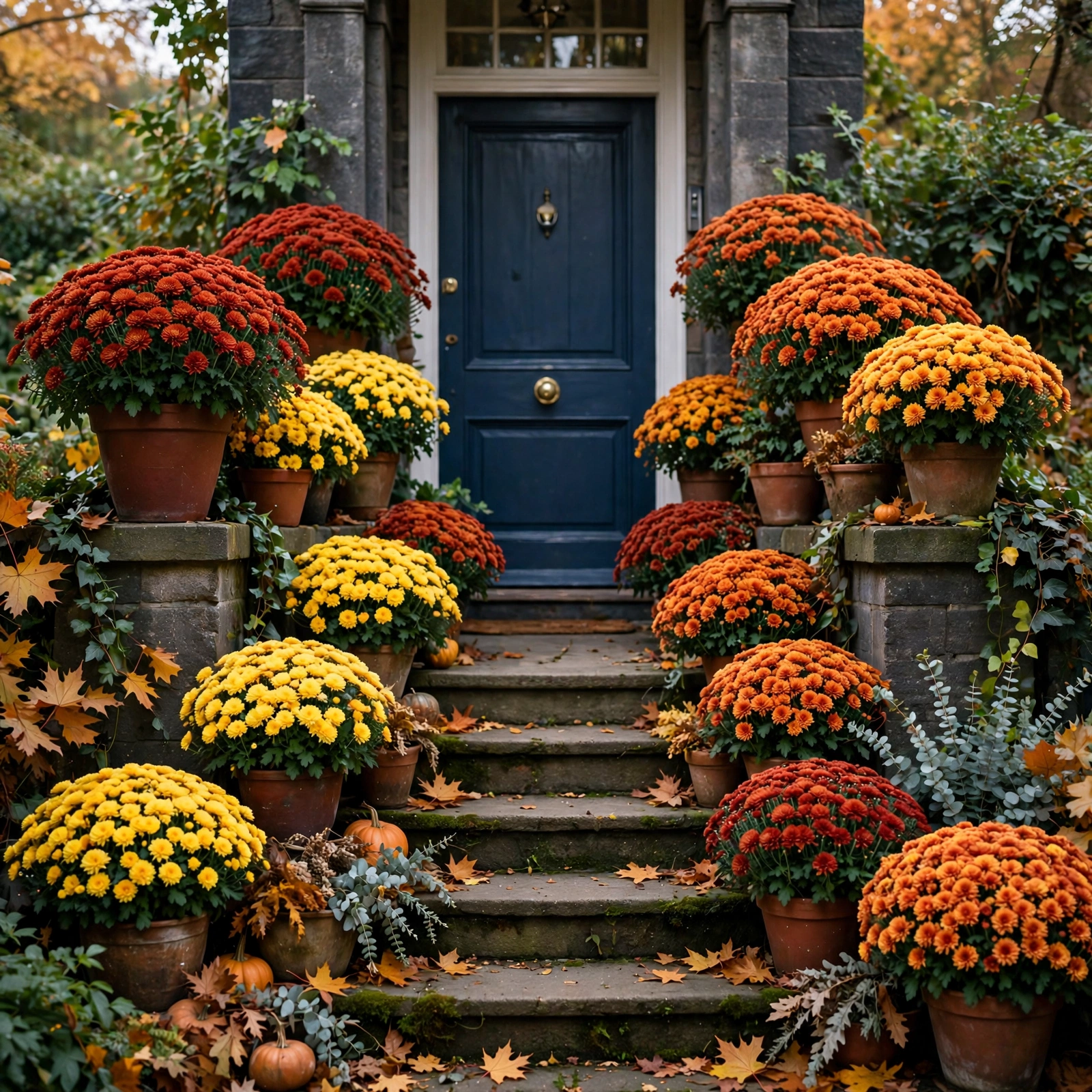 15 Cozy Halloween Decor Ideas That Feel Warm, Not Scary 11 Warm-toned mums lining the steps, classic cozy autumn home decor