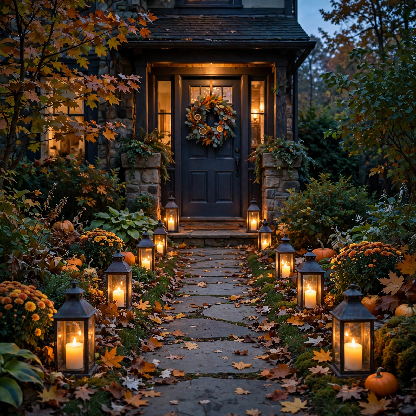 15 Cozy Halloween Decor Ideas That Feel Warm, Not Scary 12 Lantern-lit walkway with flameless candles, a cozy Halloween decor welcome
