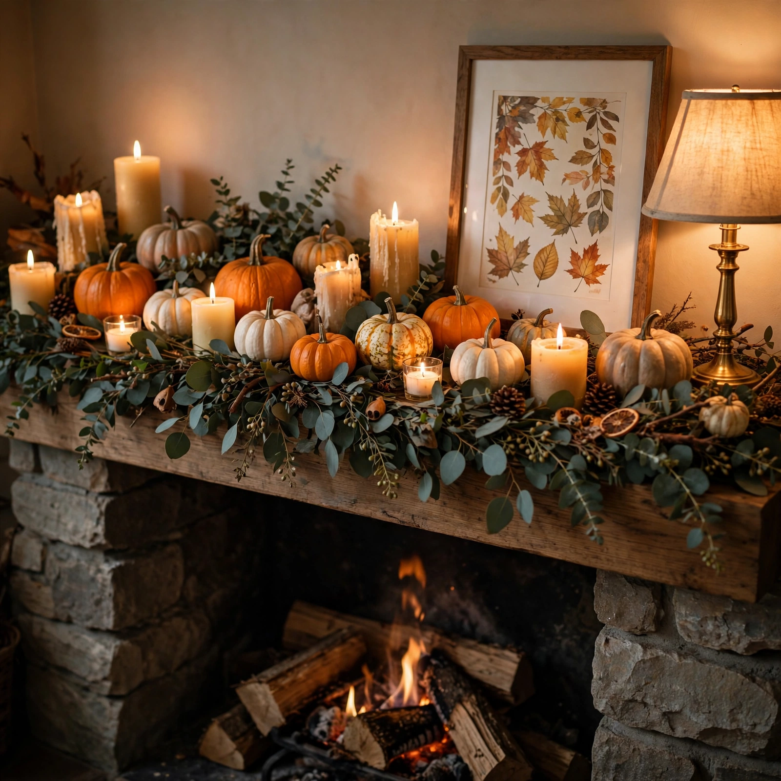 15 Cozy Halloween Decor Ideas That Feel Warm, Not Scary 13 Styled fireplace mantel with eucalyptus garland, a cozy Halloween decor focal point