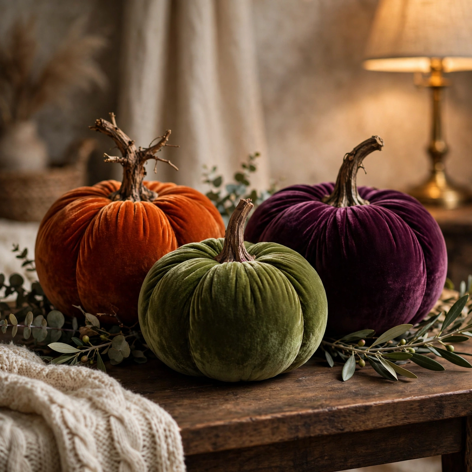 15 Cozy Halloween Decor Ideas That Feel Warm, Not Scary 14 Velvet pumpkins in rich tones, luxurious cozy Halloween decor