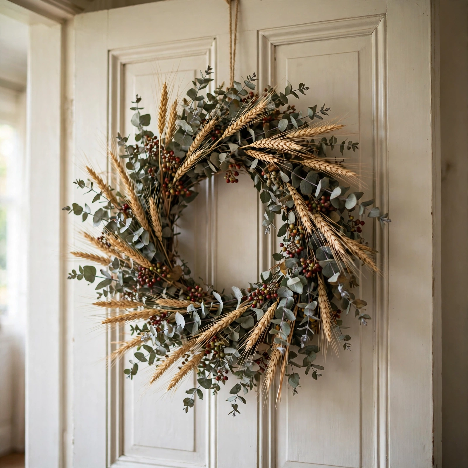 15 Cozy Halloween Decor Ideas That Feel Warm, Not Scary 15 Eucalyptus and wheat wreath, softly autumnal cozy Halloween decor