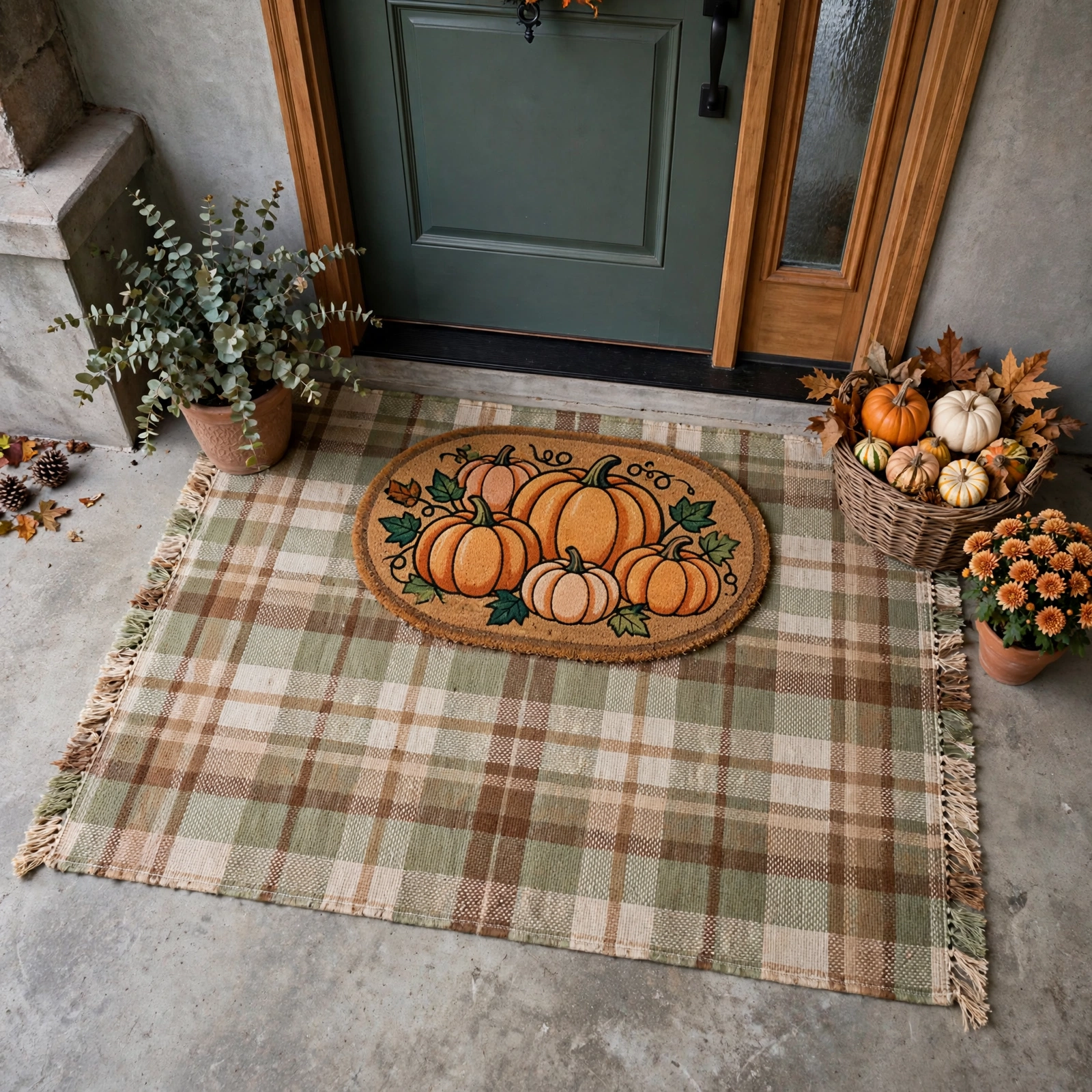 15 Cozy Halloween Decor Ideas That Feel Warm, Not Scary 16 Layered cozy entry mat, welcoming cozy autumn home decor at the door