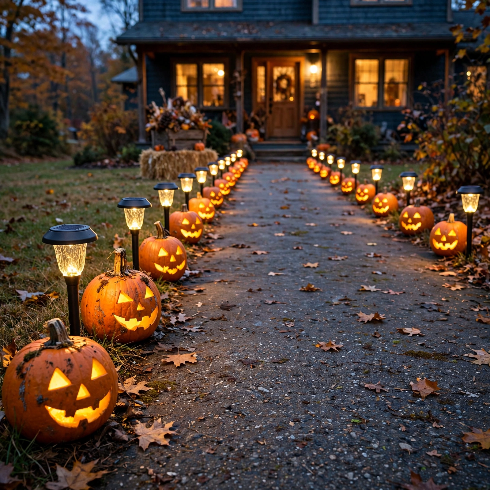 15 DIY Outdoor Halloween Decorations That Survive October 16 Driveway lined with glowing pumpkins and solar lights, welcoming DIY outdoor Halloween decorations
