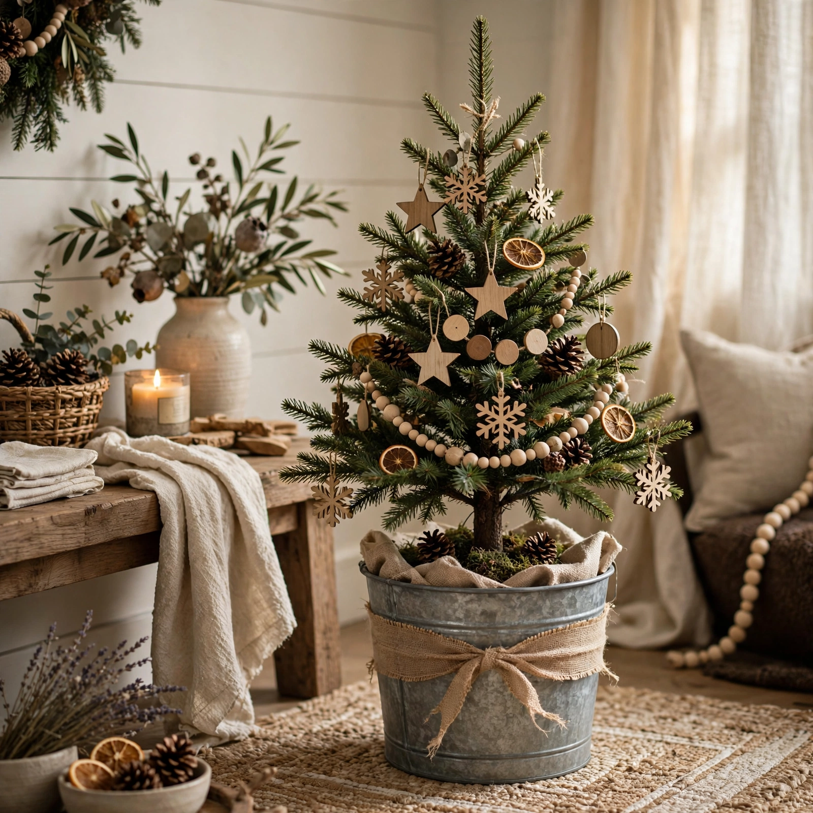 farmhouse christmas decor: farmhouse Christmas tree in galvanized metal bucket