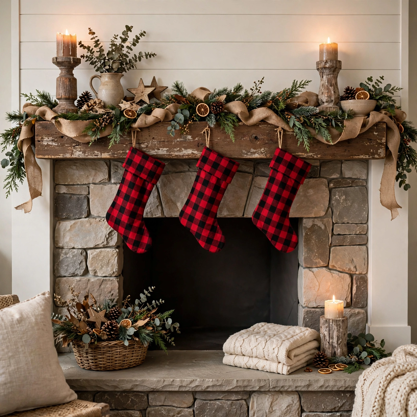 farmhouse christmas decor: burlap garland and plaid stockings on fireplace mantel