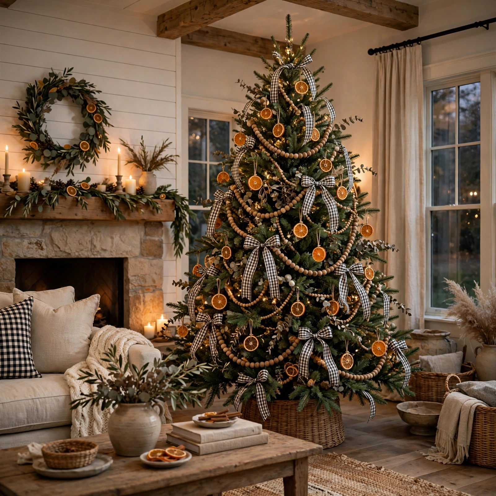 farmhouse christmas decor: tree with wooden bead garlands and gingham ribbon
