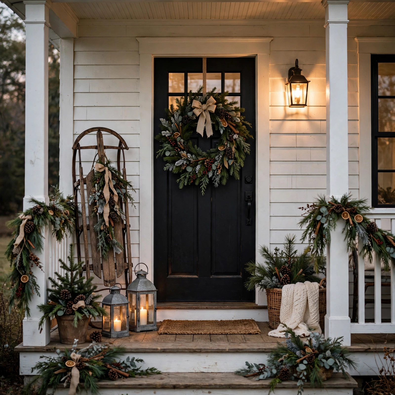 farmhouse christmas decor: farmhouse front porch with vintage sled and wreath