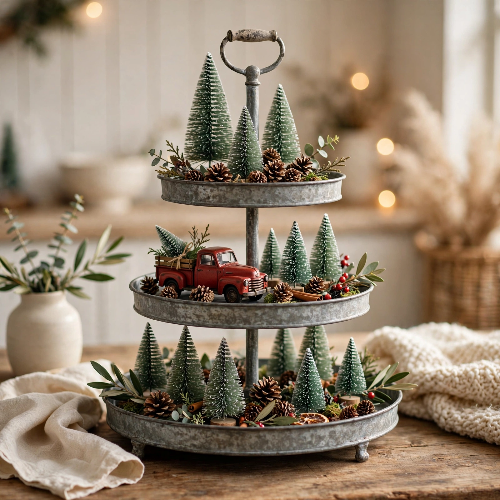 farmhouse christmas decor: tiered tray with bottle brush trees and mini red truck