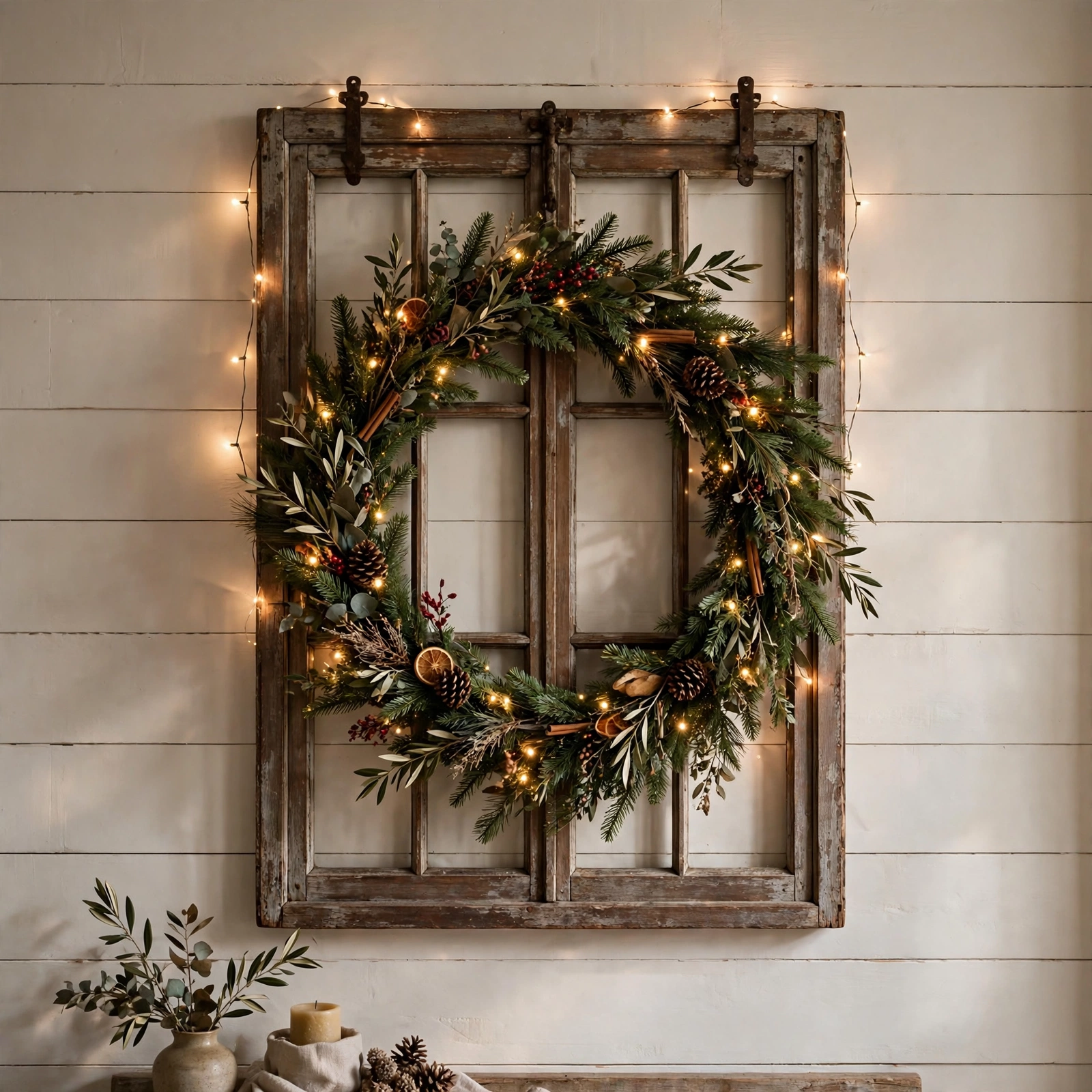 farmhouse christmas decor: antique window frame with evergreen wreath