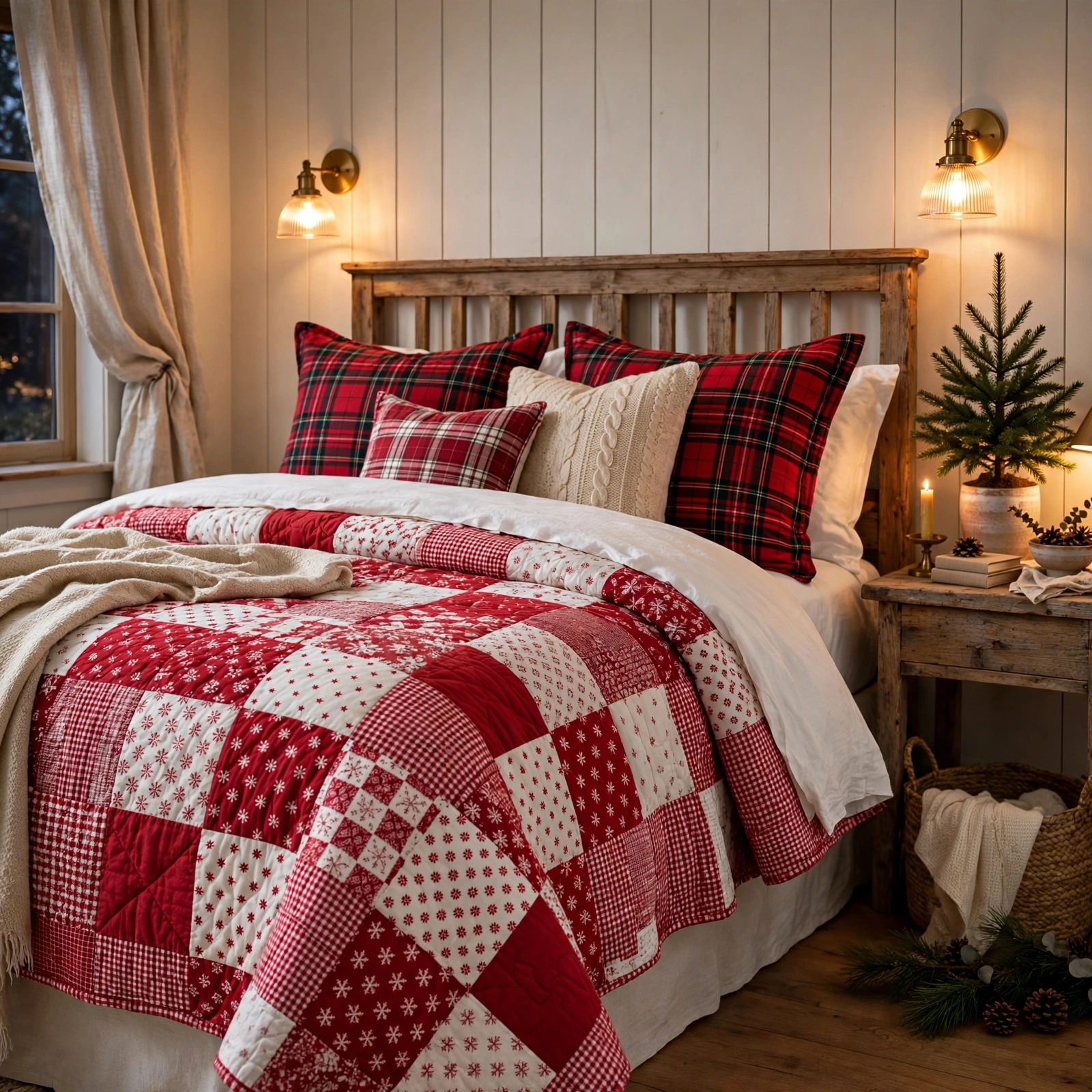 farmhouse christmas decor: cozy farmhouse bedroom with Christmas quilt