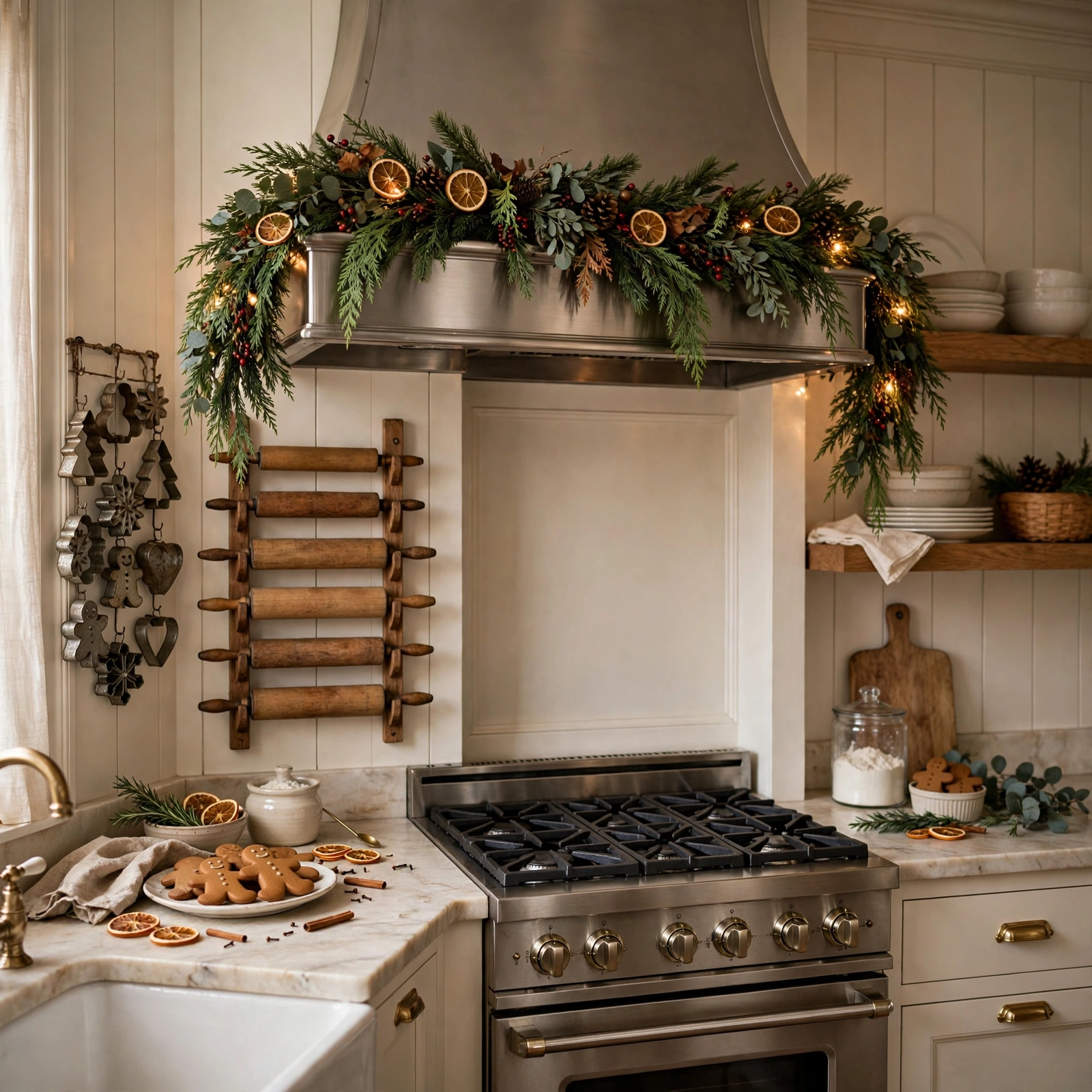 farmhouse christmas decor: farmhouse kitchen with rolling pin display and garland
