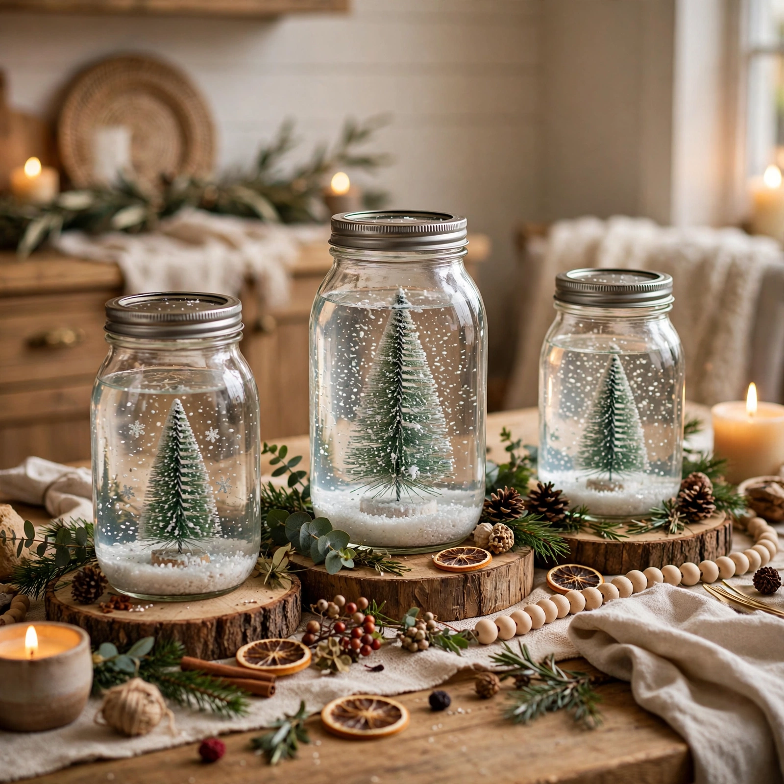farmhouse christmas decor: mason jar snow globe centerpieces